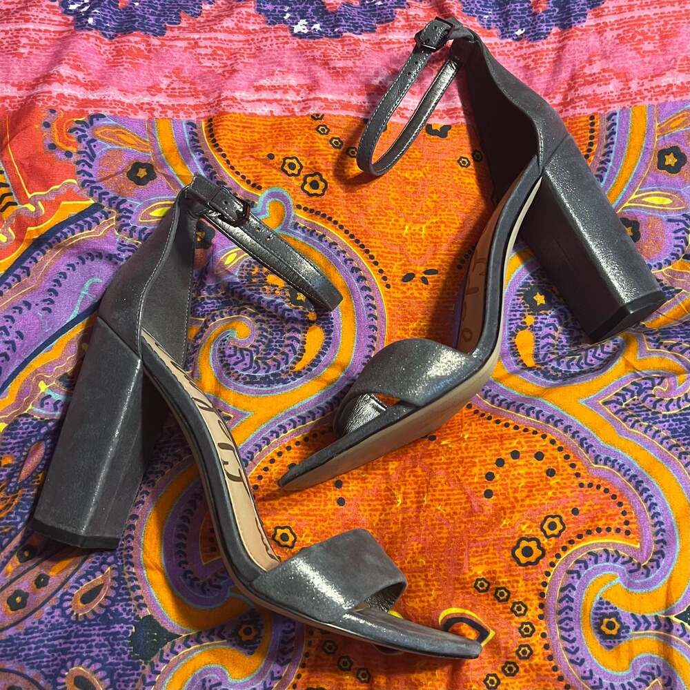 Sam Edelman Ankle Strap Block Heel Sandals in Metallic Gunmetal